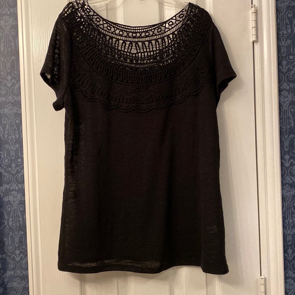 Black Pullover Top with crocheted yoke
